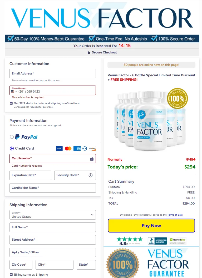 Venus Factor secure ClickBank checkout page