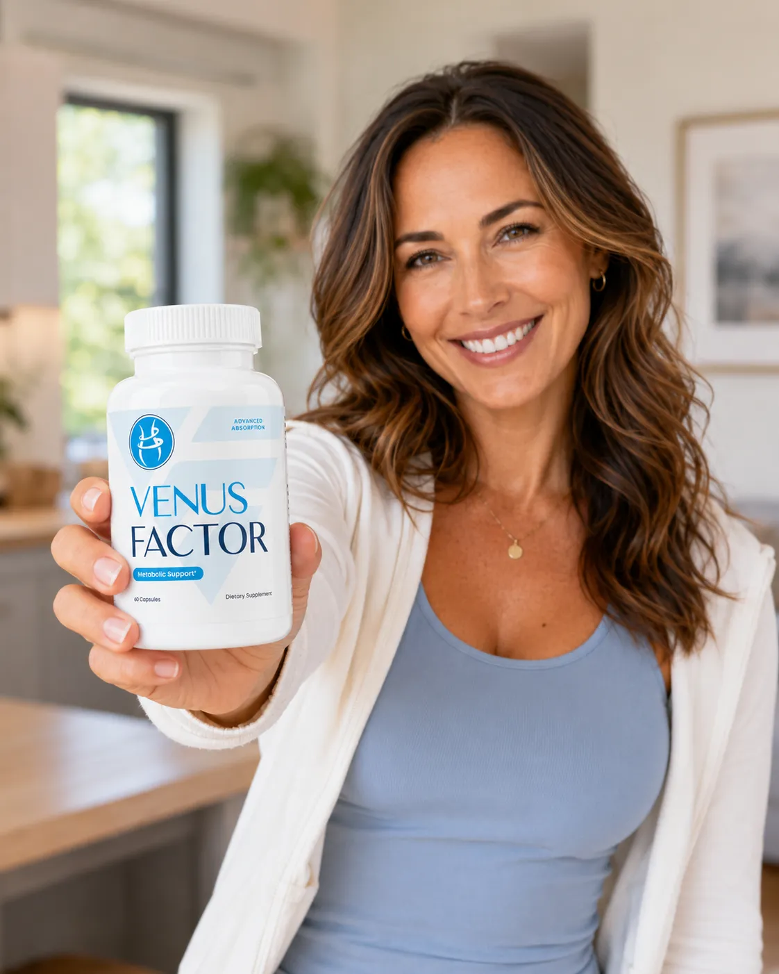 Confident active woman using Venus Factor for leptin and metabolism support