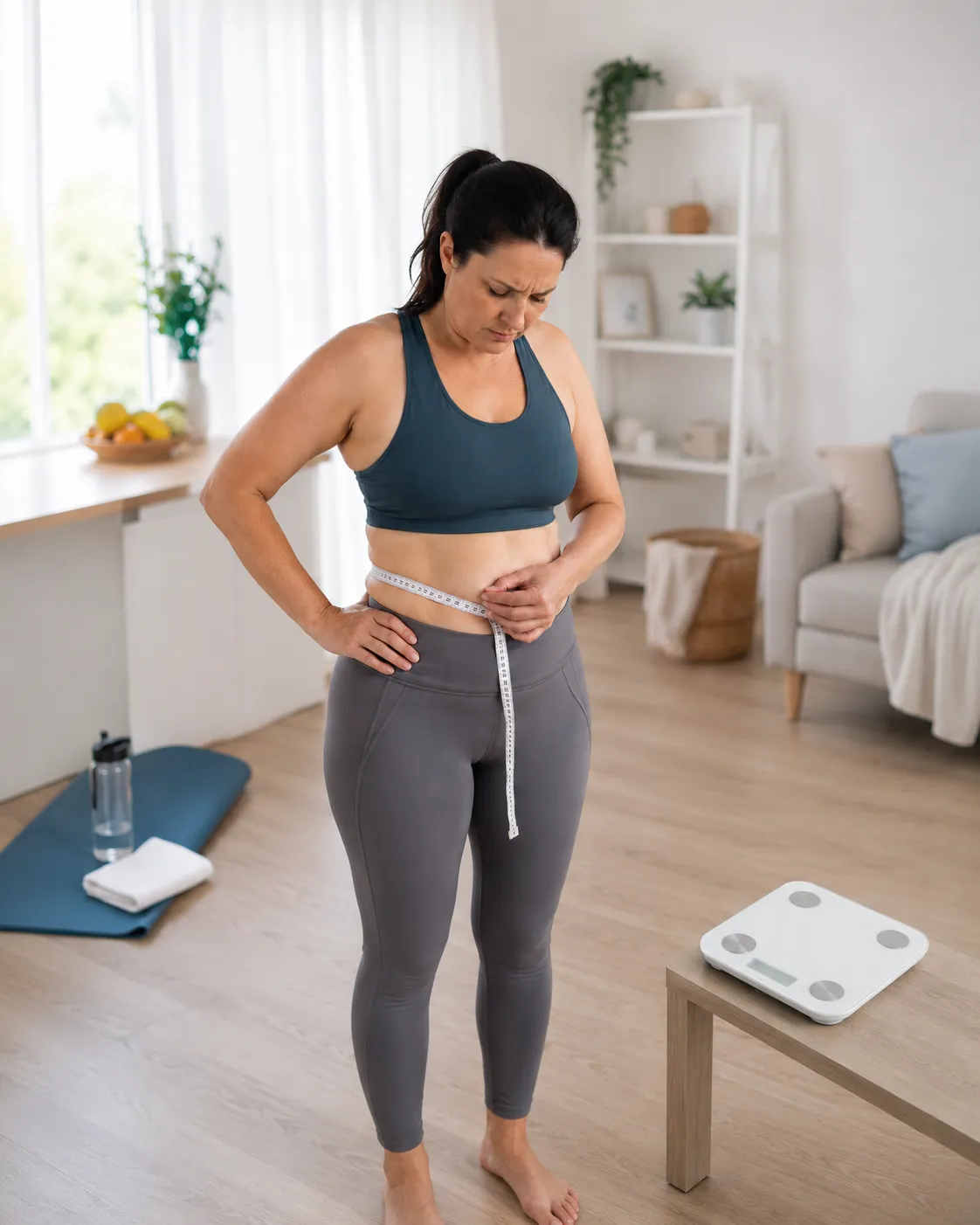 Woman facing a weight plateau on a scale before trying Venus Factor